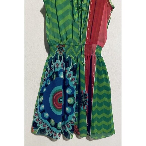 Desigual Dress Womens Medium Green Damen Kleid Smocked Waist Artsy Boho Colorful - Picture 3 of 7